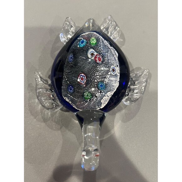 Sea Turtle Paperweight Cobalt Blue Glass With Multi Colored Designs Unmarked - Picture 5 of 10